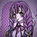 a drawing of a girl with purple hair and braids covering her mouth with her hand .