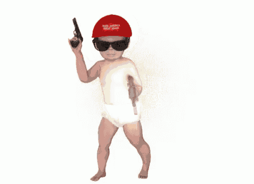 a baby wearing a red hat that says make america great again is holding a gun