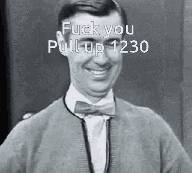 a man wearing a bow tie and sweater is smiling and says fuck you pull up 1230