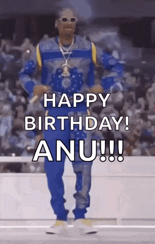 snoop dogg is dancing in front of a crowd and saying `` happy birthday ! anu ! ''