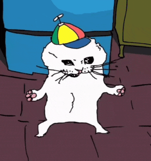 a cartoon drawing of a white cat wearing a hat