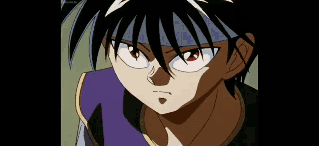 a close up of a red anime character 's face with a very angry look on his face .