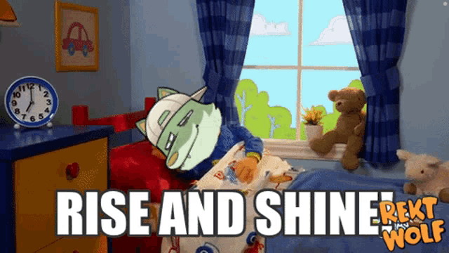 a cartoon scene with the words rise and shine written on it