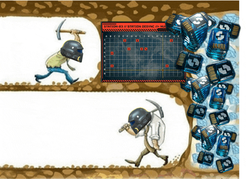 a cartoon drawing of a man with a pickaxe and a screen that says station 63 on it