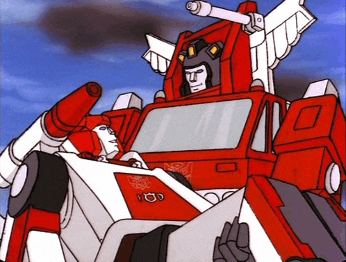 a cartoon drawing of a red and white robot with a gun