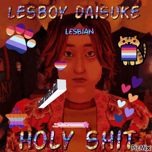 a picture of a woman with the words " lesboy daisuke lesbian holy shit "