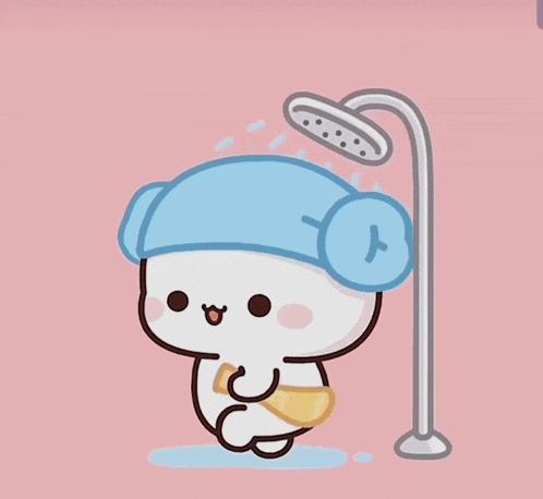 a cartoon character is taking a shower with a towel around his head