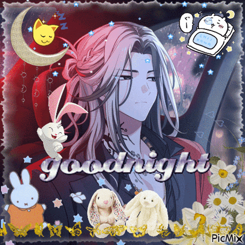 a picture of a man with long hair and the words goodnight on the bottom