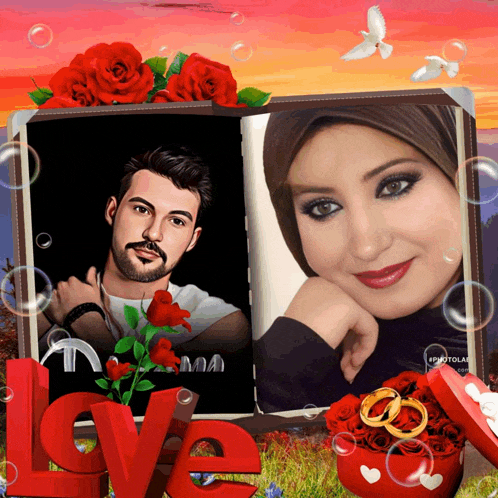 a picture of a man and a woman with the word love in red