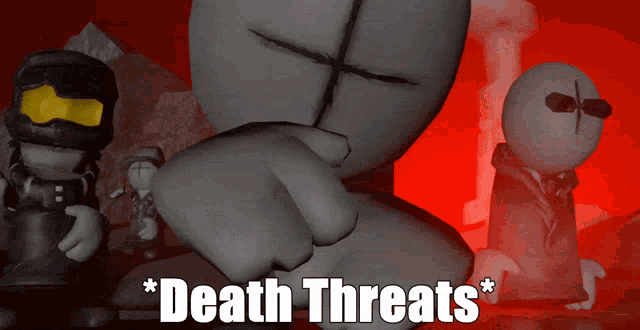 a cartoon character with the words death threats written on the bottom