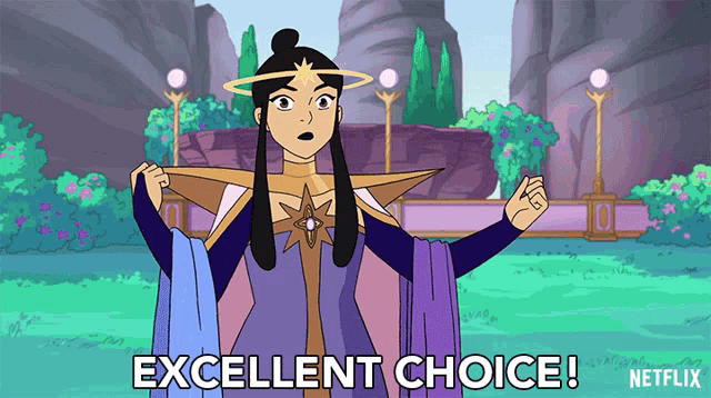 a cartoon character says excellent choice on the screen