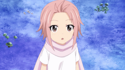 a little girl with pink hair and a white shirt