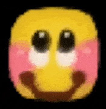 a pixel art of a yellow smiley face with pink cheeks and big eyes .