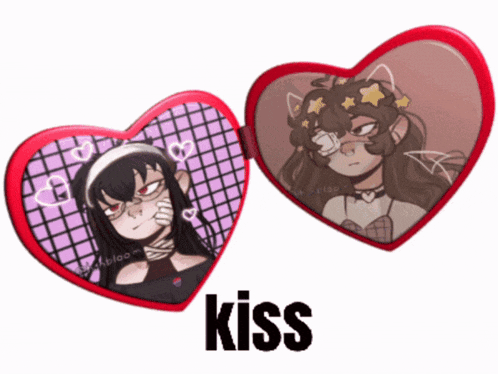 a heart shaped mirror with a picture of a girl on it and the word kiss below it