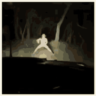a silhouette of a man in a hat is standing on a hill in the dark .