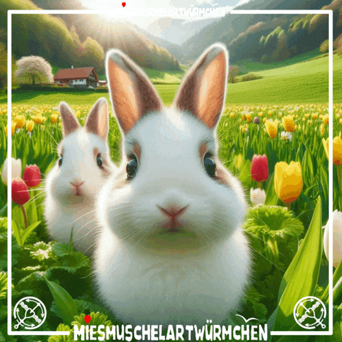two white rabbits in a field with the words miesmuschelartwurmchen on the bottom right