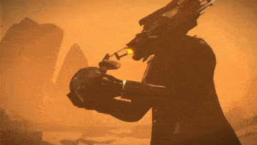 a man in a black coat is holding a very large gun