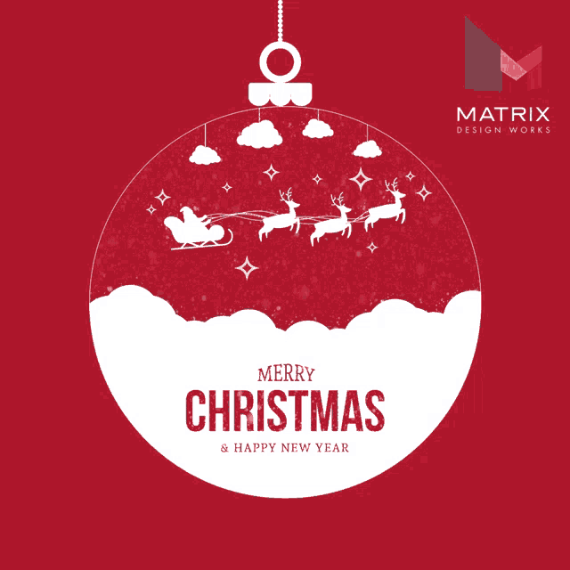 a merry christmas and happy new year greeting card with a sleigh pulled by reindeer