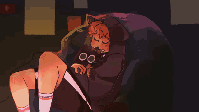 a drawing of a person sleeping with a black cat
