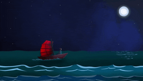 a boat with a red sail in the middle of the ocean