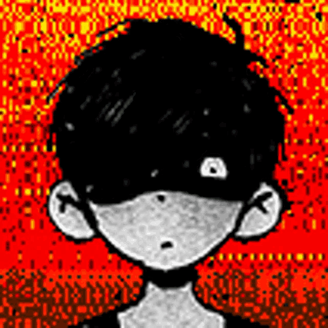 a pixel art drawing of a boy with black hair and a red background .