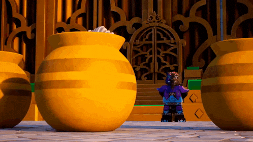a cartoon character is standing in front of a large yellow barrel