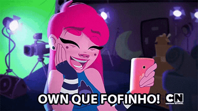 a cartoon of a girl taking a selfie with the words own que fofino cn above her