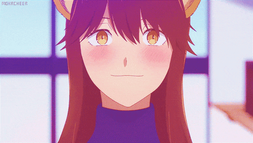 a close up of a girl with fox ears and a purple background that says moxrcheer