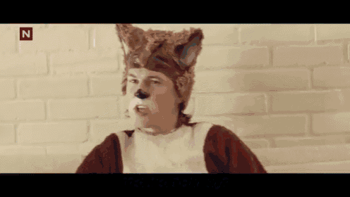 a man dressed in a fox costume with the letter n in the corner