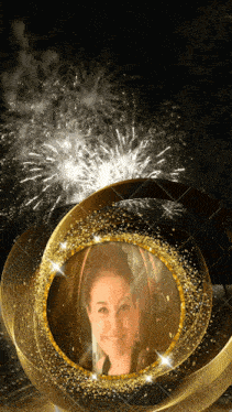 a picture of a woman in a gold ring with fireworks in the background