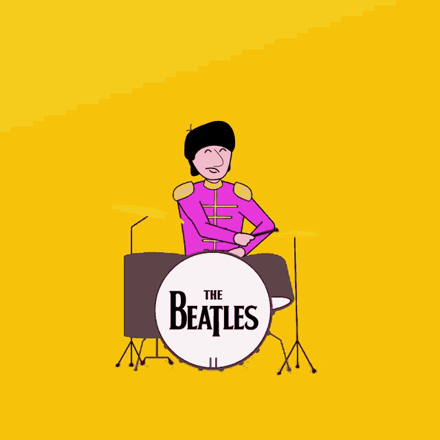 a cartoon of a man playing drums with the beatles logo