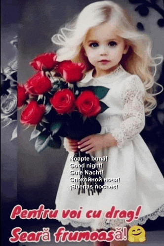 a little girl in a white dress is holding a bouquet of roses