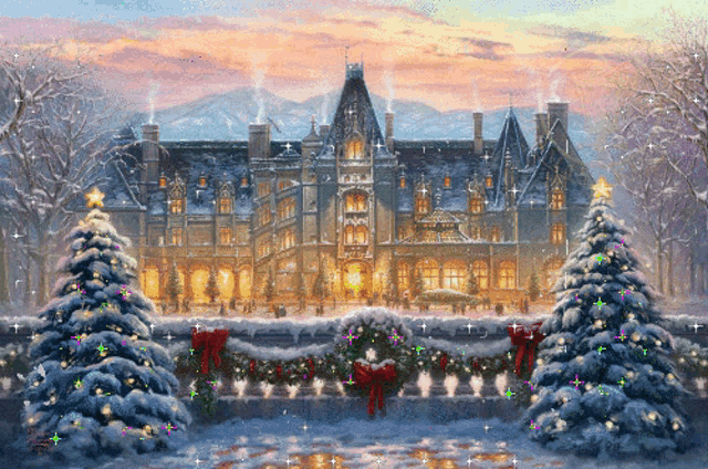 a painting of a castle with christmas trees in front