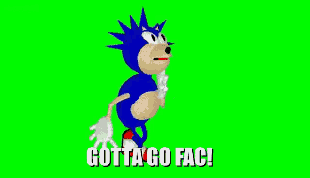 sonic the hedgehog is running on a green screen with the words `` gotta go fac '' .