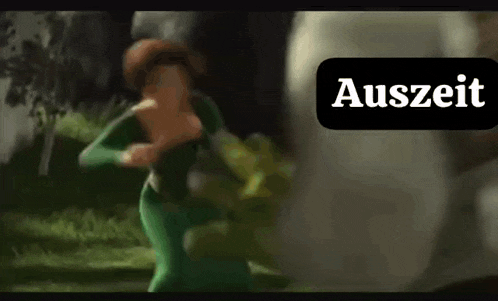 a cartoon of a woman in a green dress with the word auszeit on the bottom