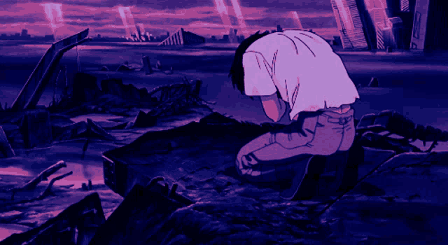 a man in a white shirt is kneeling down in a ruined city