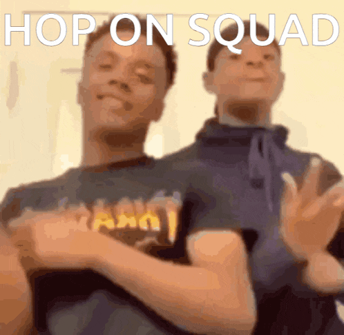 a blurred image of two men with the words hop on squad above them