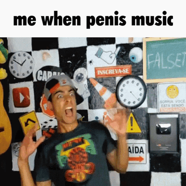 a man screams in front of a checkered wall with the words me when penis music written above him