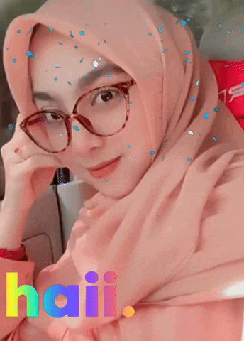 a woman wearing glasses and a hijab with the word haii on the bottom right