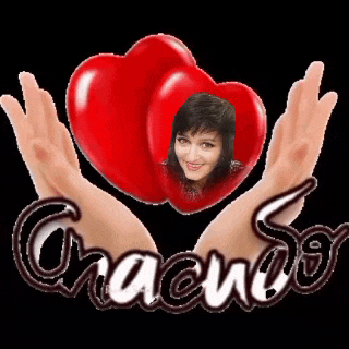 a woman 's face is in a red heart surrounded by two hands and the word gracias .