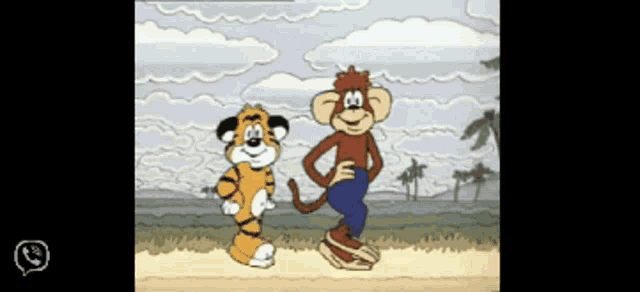 a cartoon of a monkey and a tiger standing next to each other on a beach