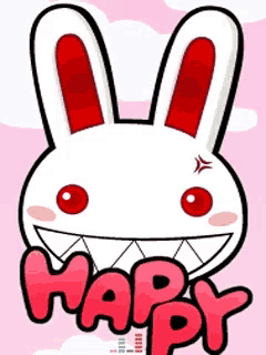 a cartoon bunny with red ears and the word happy written below it