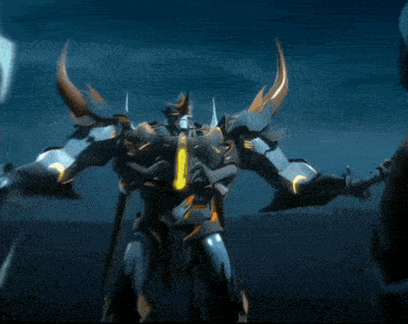 a robot with horns and a sword stands in the dark