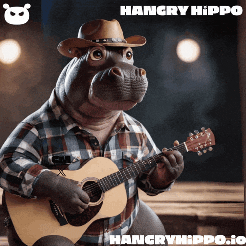 a hippo wearing a cowboy hat and plaid shirt is holding a guitar