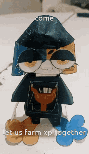 a paper doll with the words come let us farm xp together on top