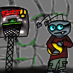 a cartoon drawing of an ant holding a basketball in front of a basketball hoop that says basket