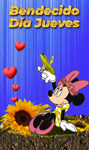 a cartoon of minnie mouse with the words bendido dia jueves on the top