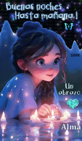 a cartoon girl is holding a candle in the water and says " buenas noches hasta mañana "