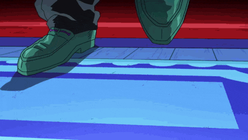 a cartoon drawing of a person 's feet on a blue rug