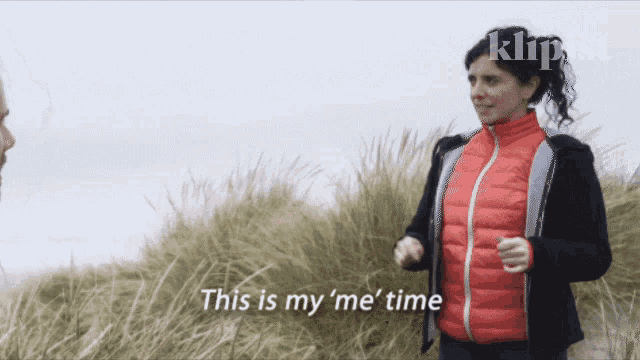 a woman in a red jacket says " this is my me ' time "